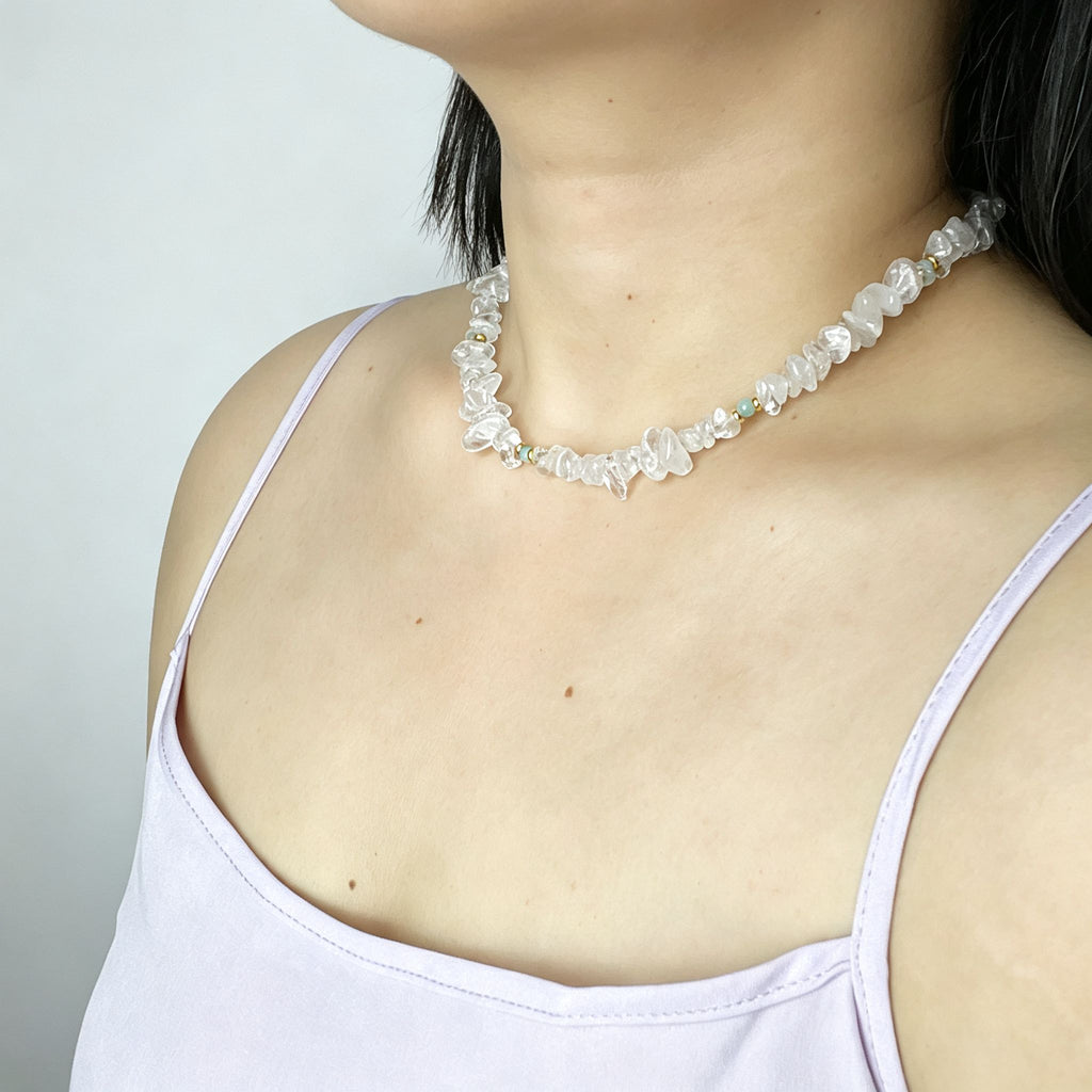 Handmade Clear Quartz Crystal Chip Stone Choker Necklace | Raw Natural Stone Light Blue Gold Accent