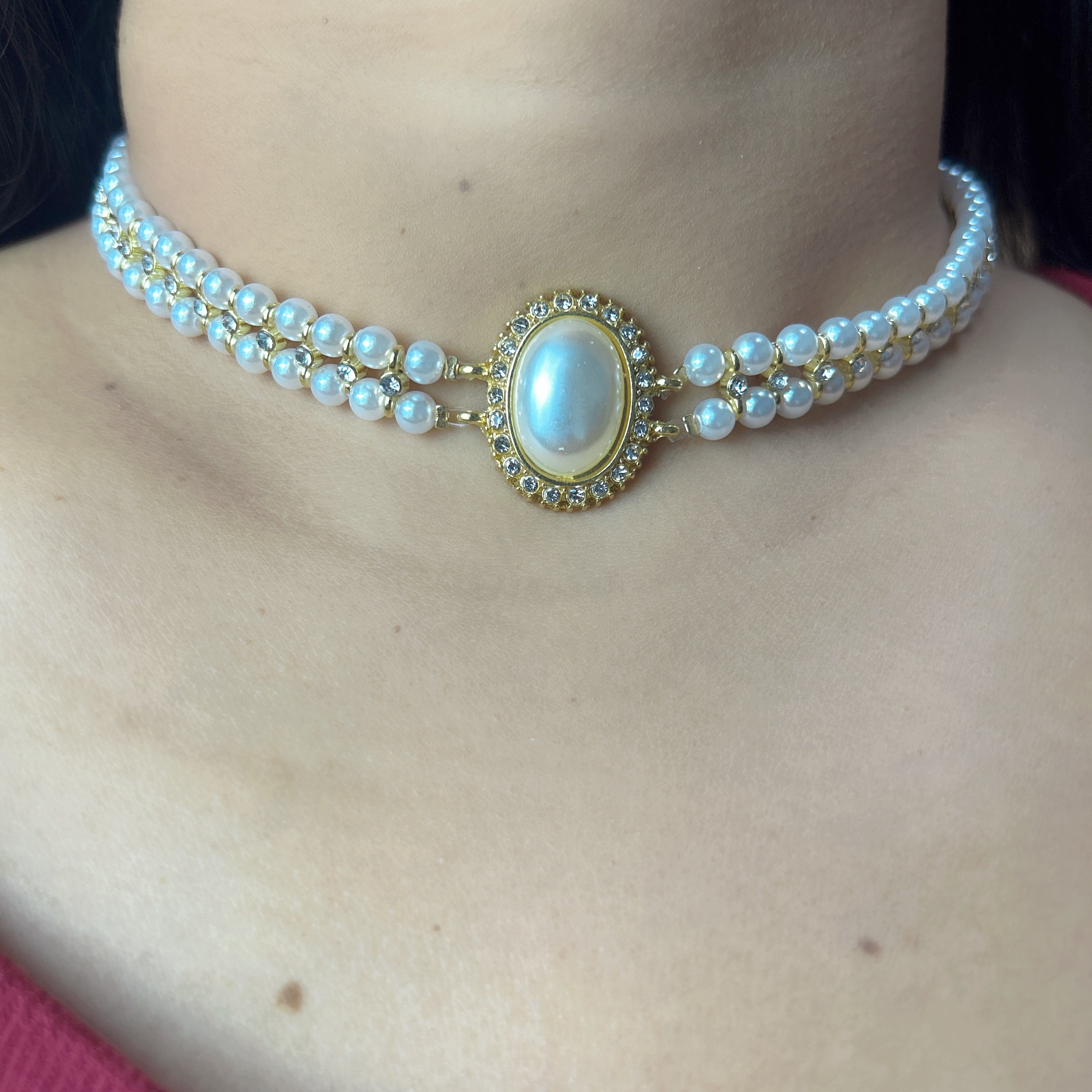 Handmade Double Layer Pearl Choker Necklace | Gold Oval Rhinestone Clasp