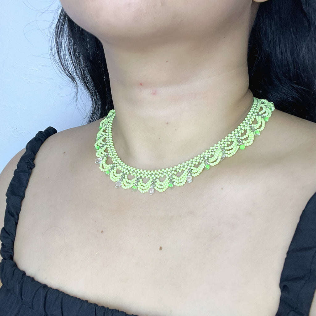 Handmade Apple Green & White Multi-Layer Scallop Wave Lace Beaded Choker Necklace | Bead Drop Fringe Spring Cottagecore Collar