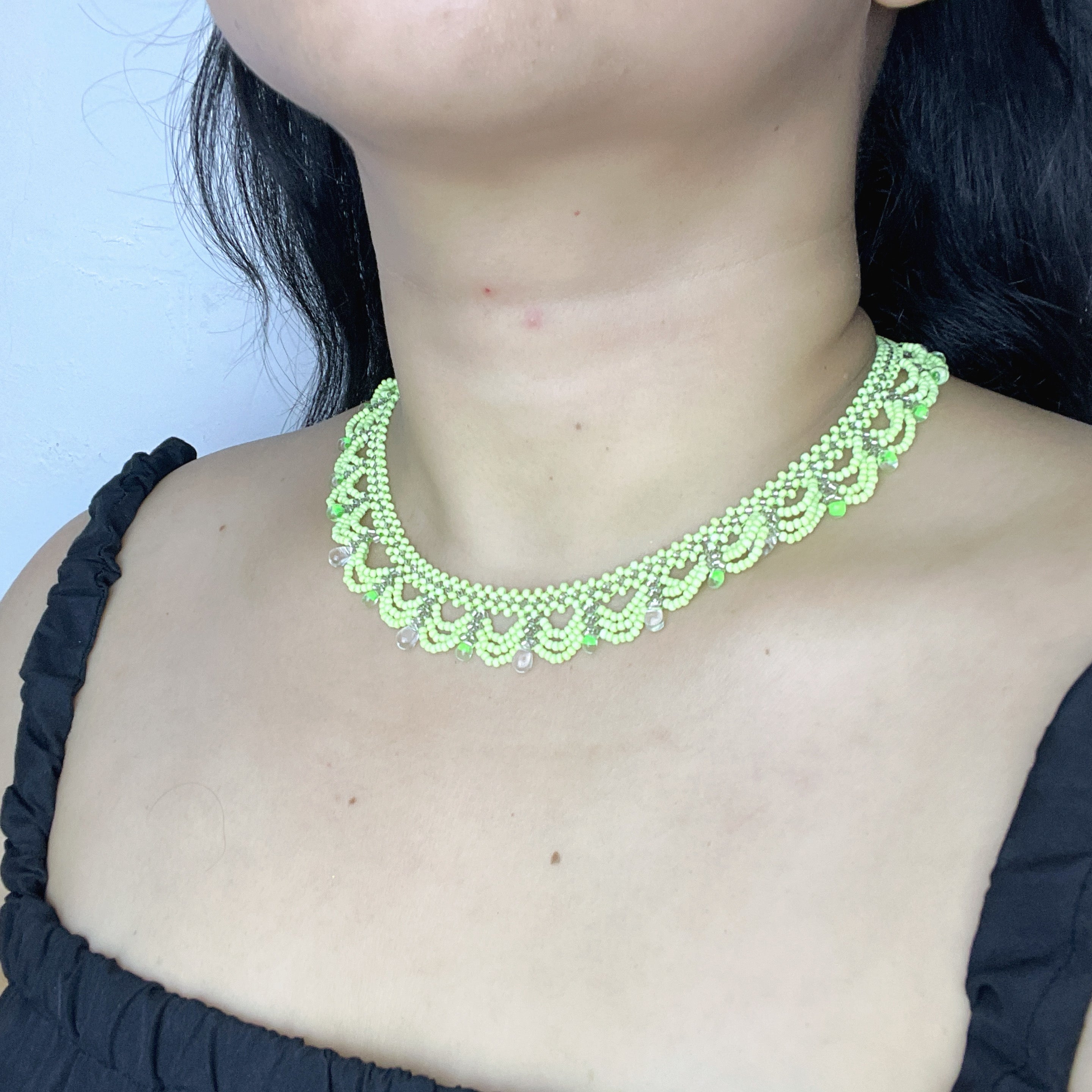 Handmade Apple Green & White Multi-Layer Scallop Wave Lace Beaded Choker Necklace | Bead Drop Fringe Spring Cottagecore Collar