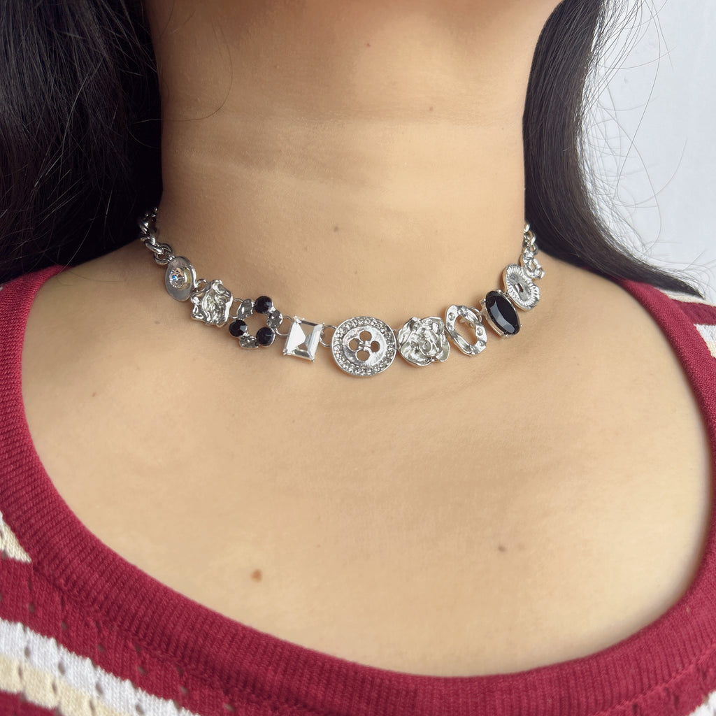 Handmade Silver Mixed Charm Choker Necklace | Y2K Punk Crystal Statement Collar