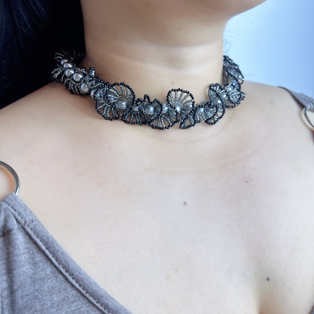 Handmade Black & Silver 3D Fan Flower Garland Choker Necklace | Pearl Center Gothic Luxe Statement Collar