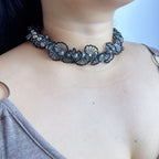 Handmade Black & Silver 3D Fan Flower Garland Choker Necklace | Pearl Center Gothic Luxe Statement Collar