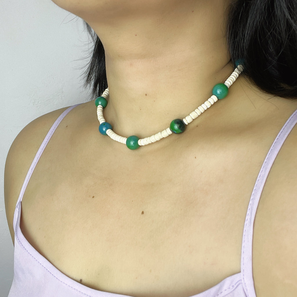 Handmade White Shell Heishi & Green Agate Choker Necklace | Blue Bead Tropical Beach Boho Collar
