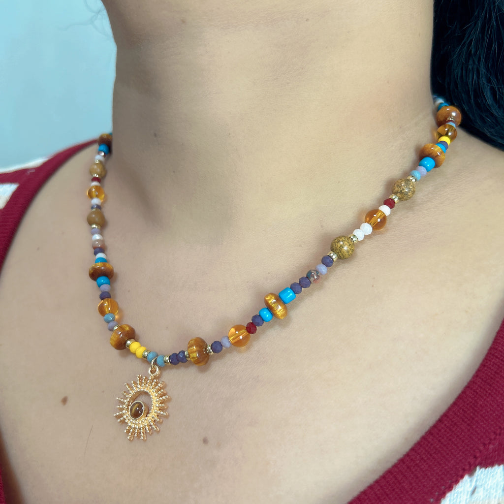 Handmade Colorful Mixed Bead Necklace | Gold Sunburst Pendant Boho Jewelry