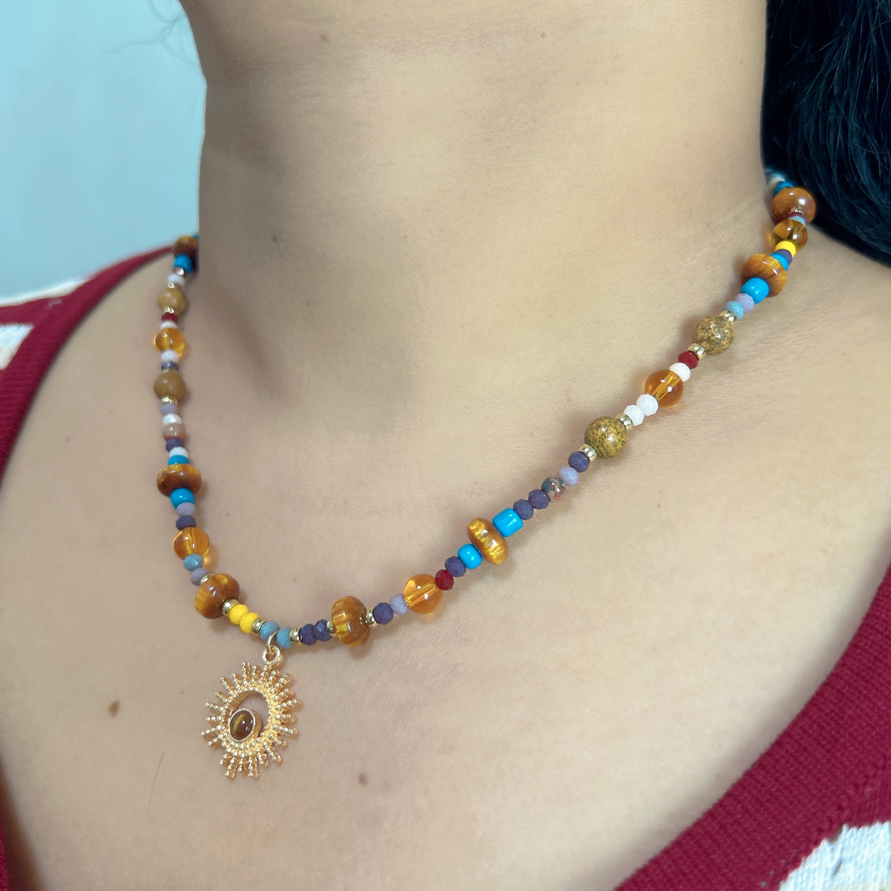 Handmade Colorful Mixed Bead Necklace | Gold Sunburst Pendant Boho Jewelry