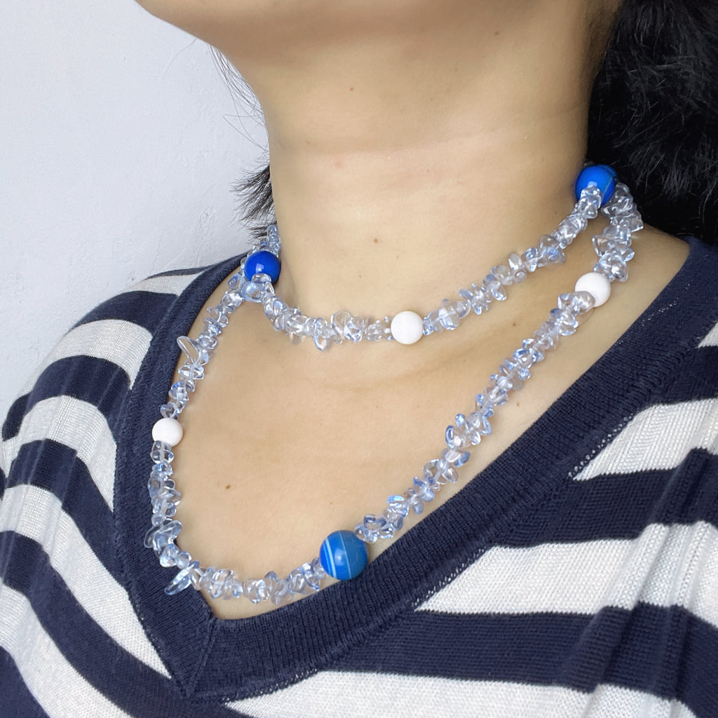 Handmade Crystal Chip & Blue Agate Bead Long Necklace | Wrap Choker Style