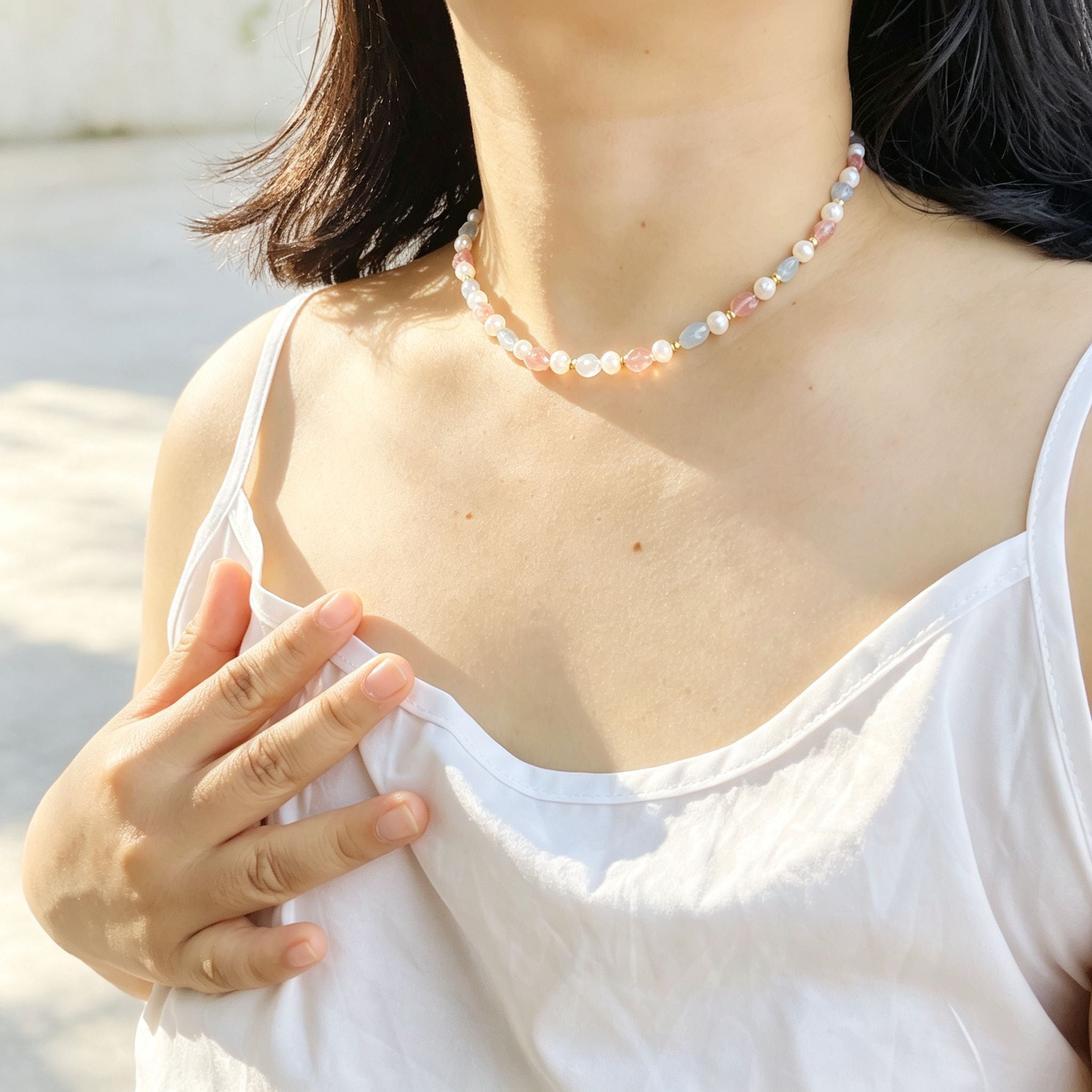 Handmade Morganite Pearl & Aquamarine Mixed Stone Choker Necklace | Pastel Pink Blue Gold