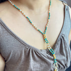 Handmade Turquoise Pearl & Gold Beaded Y-Lariat Necklace | Adjustable Slider Boho Summer Jewelry