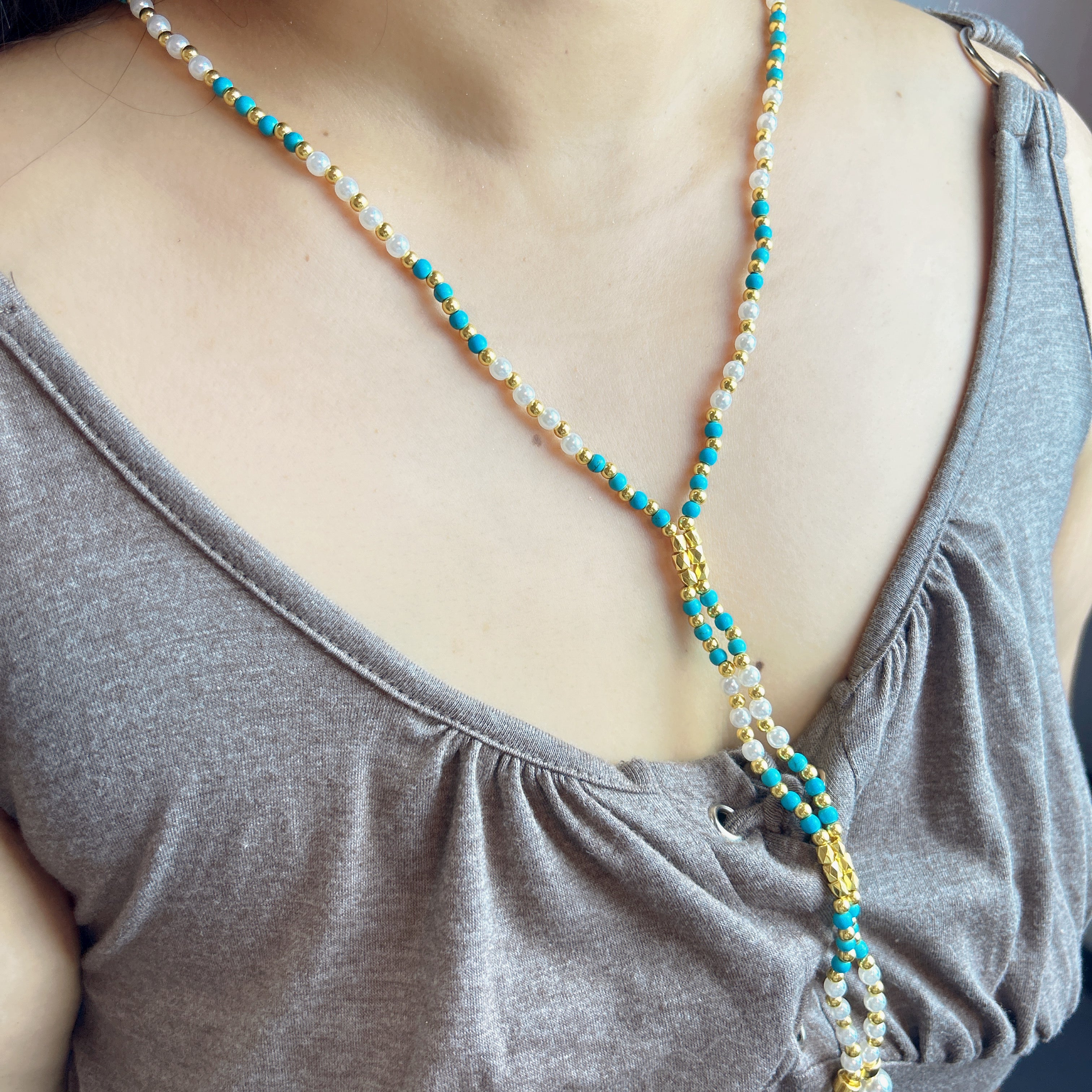 Handmade Turquoise Pearl & Gold Beaded Y-Lariat Necklace | Adjustable Slider Boho Summer Jewelry