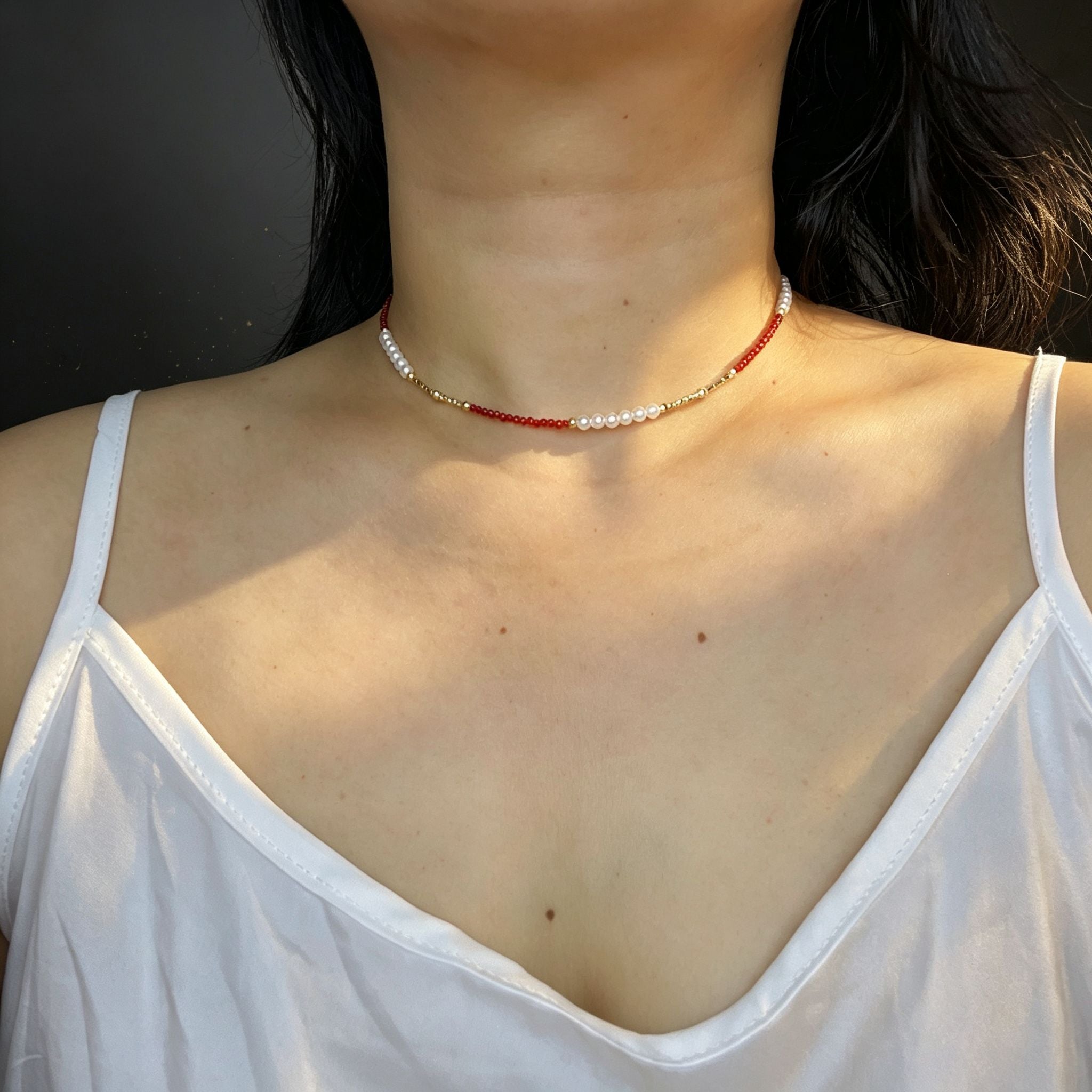 Handmade Red Crystal & Pearl Choker Necklace | Gold Tube Spacer Heart Charm Extender