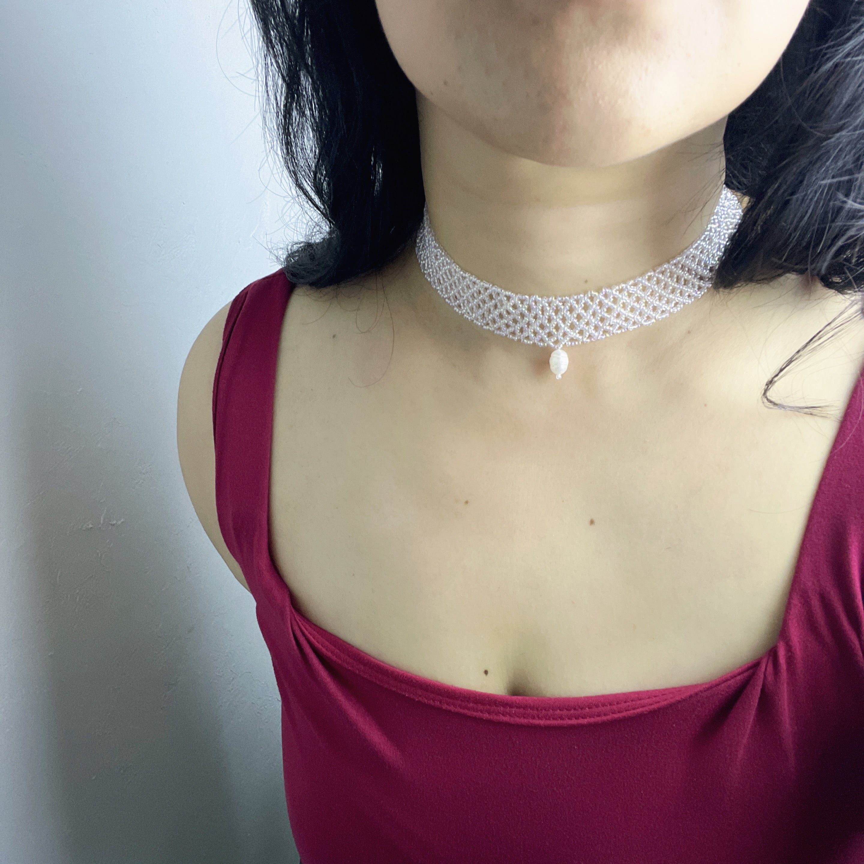 Handmade White Transparent Diamond Mesh Beaded Choker Necklace | Heart Pearl Drop Y2K Minimalist Collar