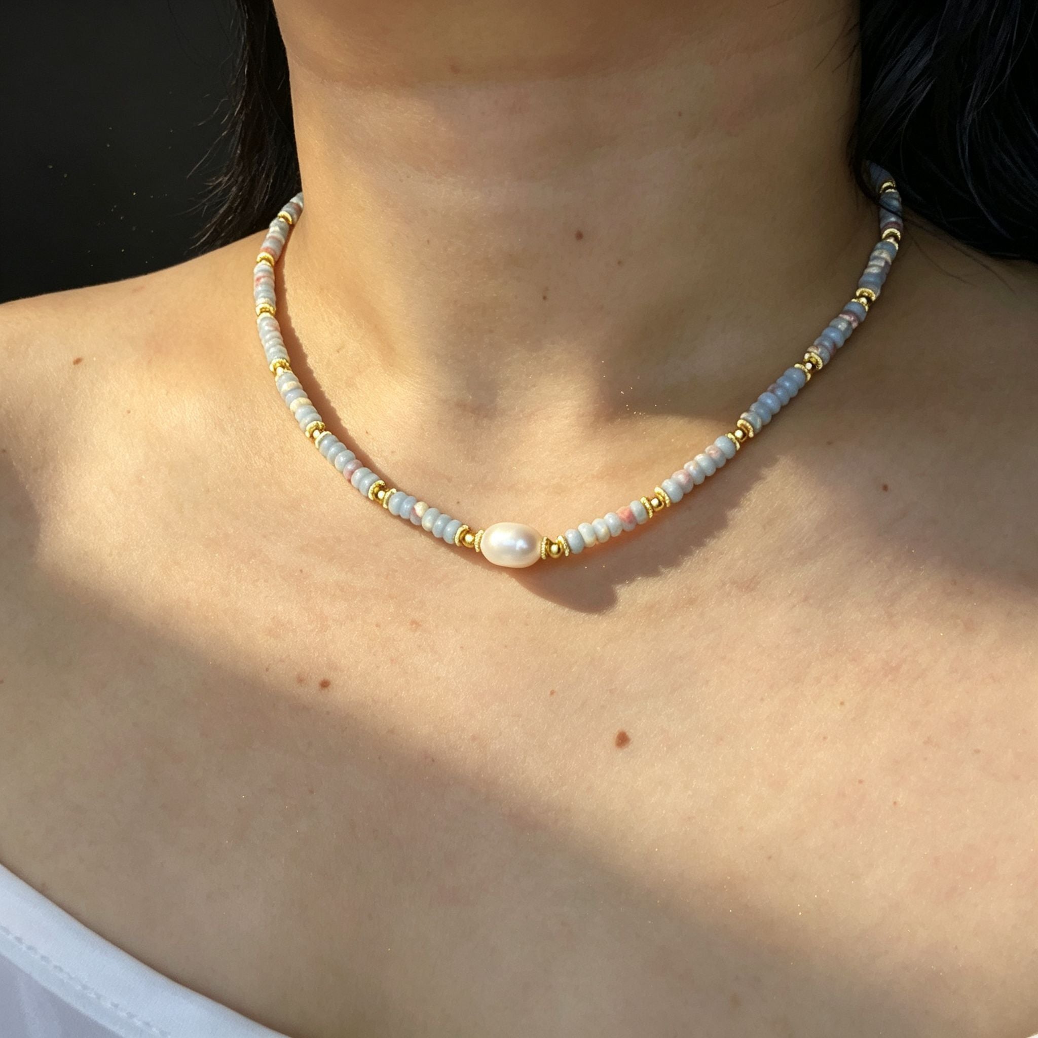 Handmade Grey & Blush Heishi Disc Choker Necklace | Baroque Freshwater Pearl Center Gold Spacer Minimal