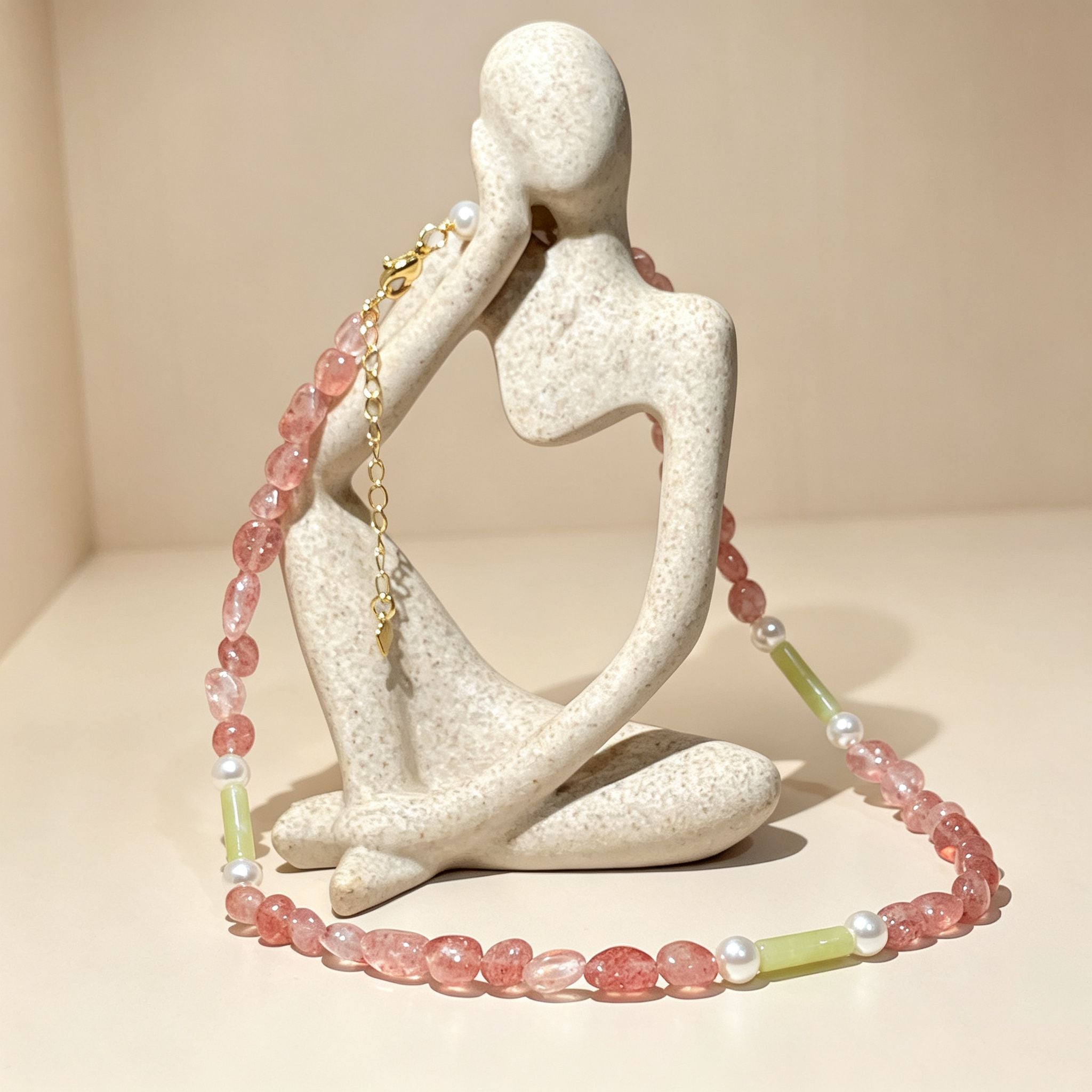 Handmade Strawberry Quartz & Green Jade Tube Pearl Necklace | Gold Lobster Clasp Heart Charm