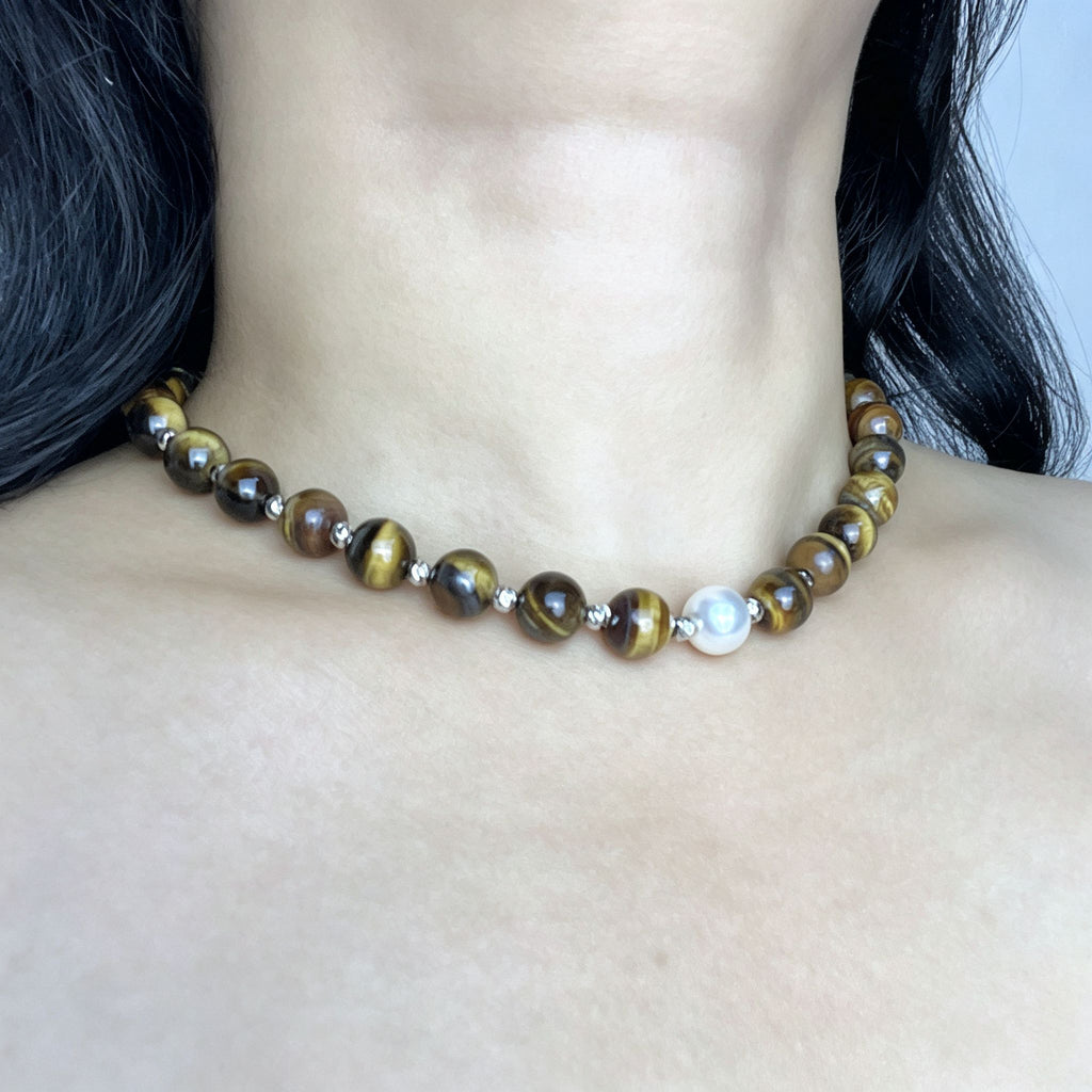 Handmade Tiger Eye Choker Necklace with Baroque Pearl Focal | Silver Spacer Natural Stone