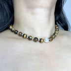 Handmade Tiger Eye Choker Necklace with Baroque Pearl Focal | Silver Spacer Natural Stone