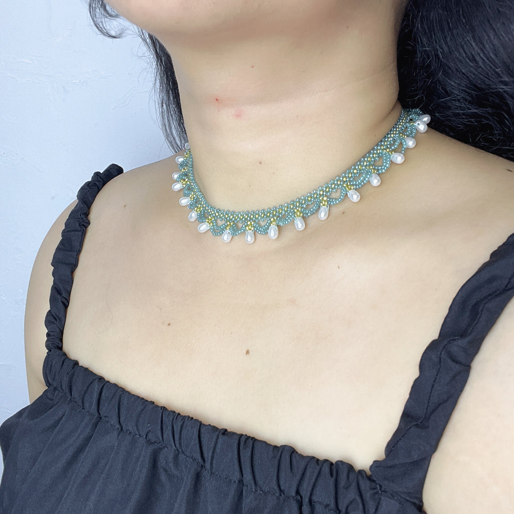 Handmade Teal & Yellow-Green Wave Lace Beaded Choker Necklace | Freshwater Pearl Drop Fringe Ocean Boho Collar