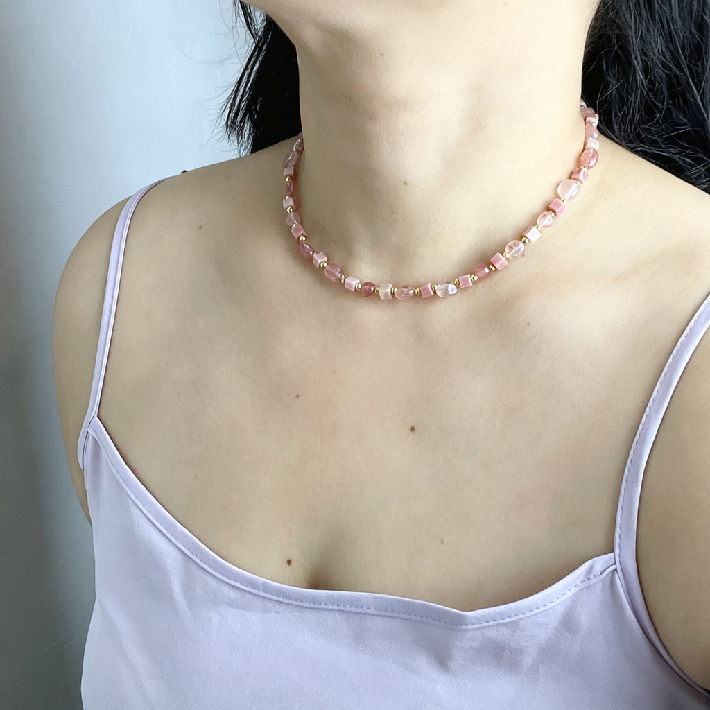 Handmade Strawberry Quartz Mixed Shape Bead Choker Necklace | Pink Natural Stone Gold Spacer