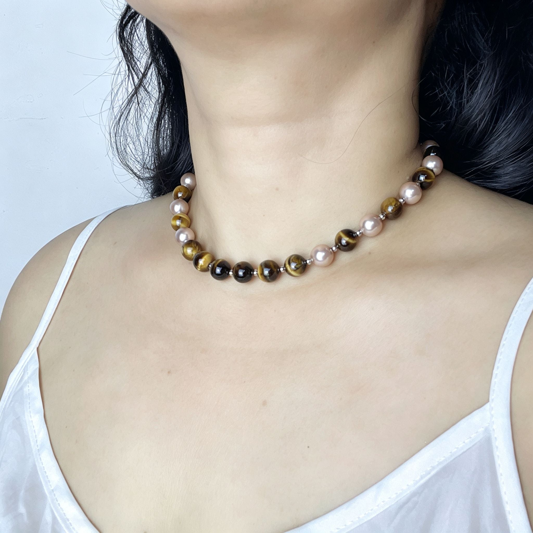 Handmade Tiger Eye & Pink Freshwater Pearl Choker Necklace | Natural Stone Gold Spacer