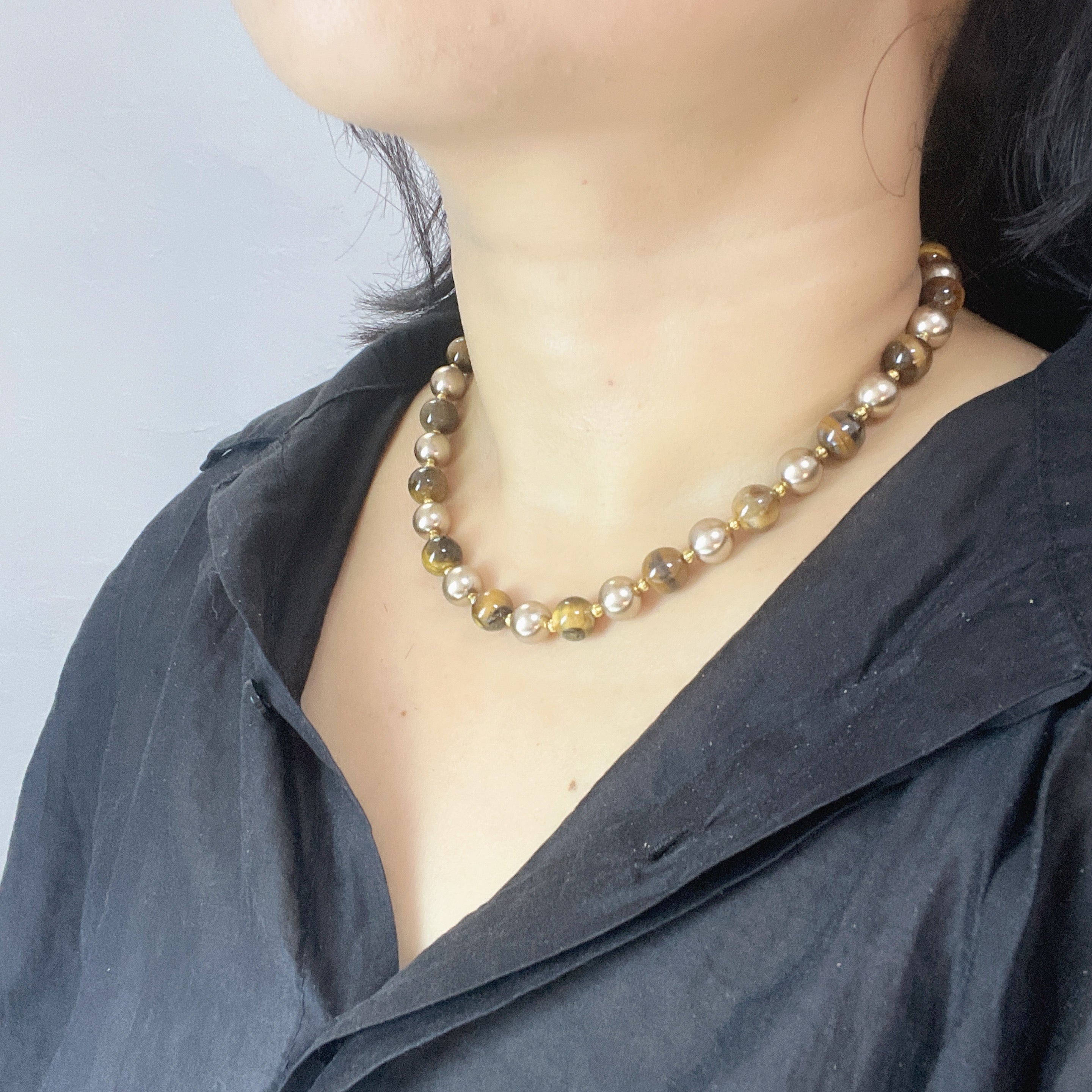 Handmade Tiger Eye Stone & Freshwater Pearl Choker Necklace | Gold Spacer Natural Gemstone Luxe Collar