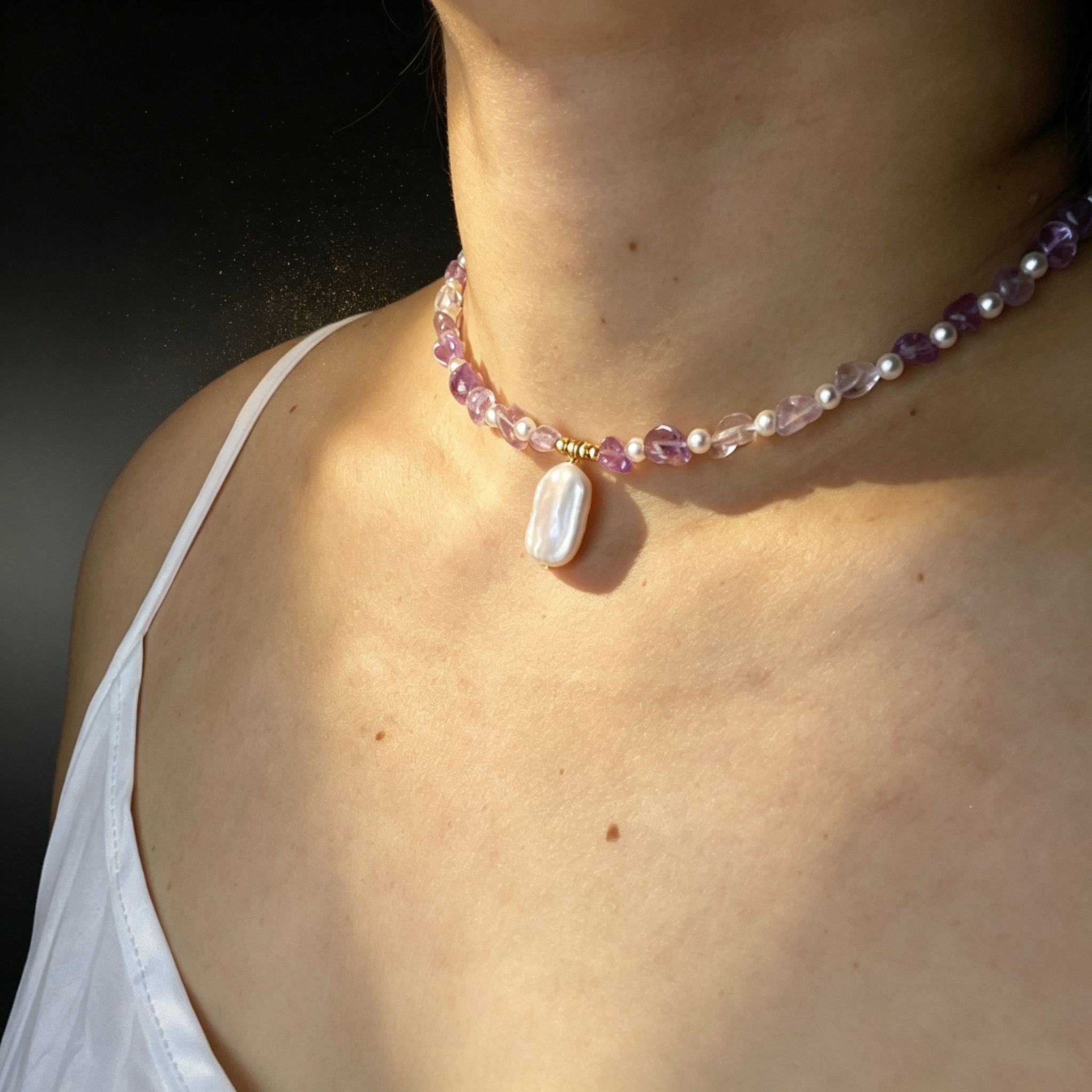 Handmade Amethyst & Citrine Crystal Baroque Pearl Beaded Necklace | Purple Yellow Natural Stone Luxe