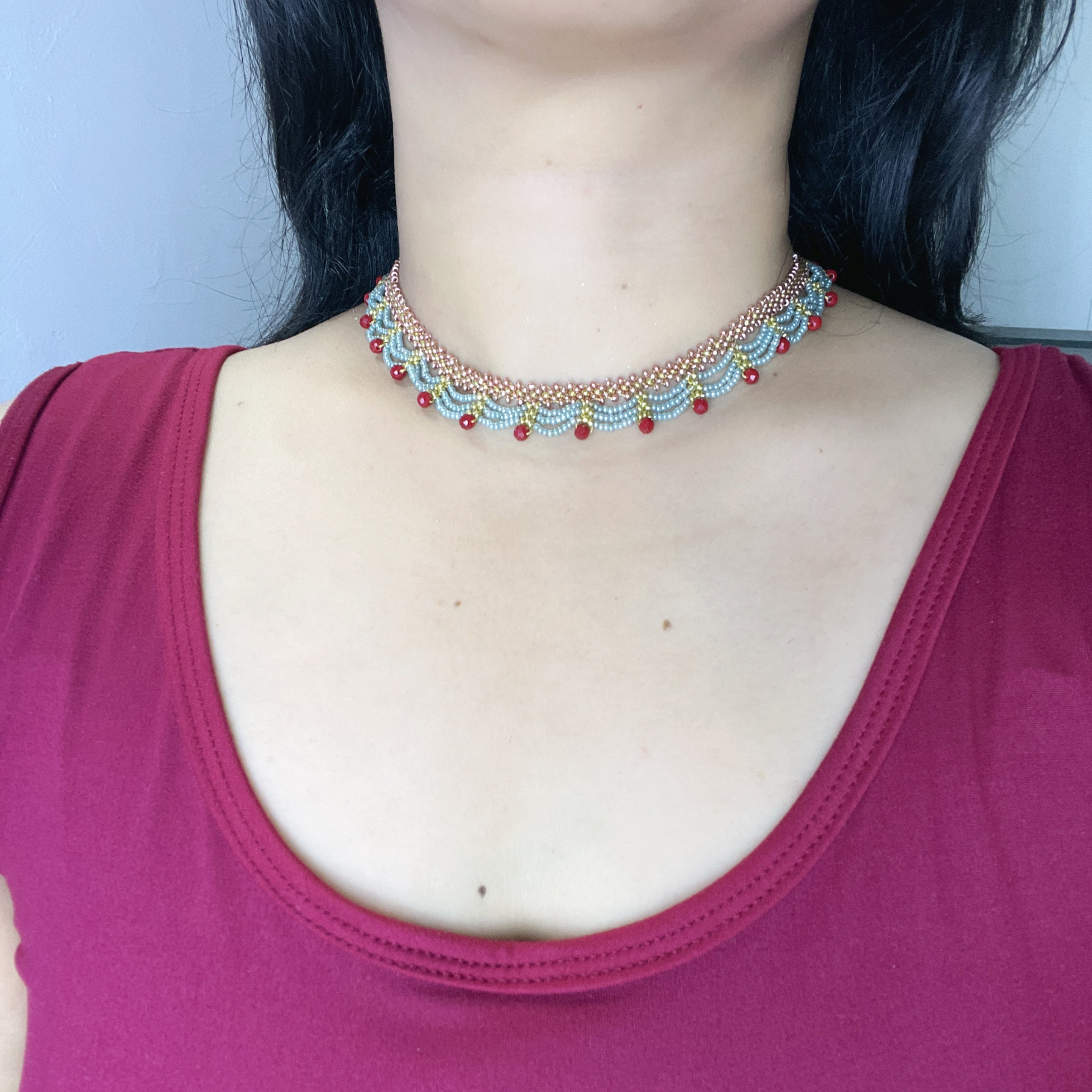 Handmade Rose Gold & Sky Blue Scallop Beaded Choker Necklace | Red Bead Drop Boho Wide Collar