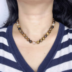 Handmade Tiger Eye Stone & Freshwater Pearl Beaded Necklace | Gold Brown Natural Stone Silver Spacer