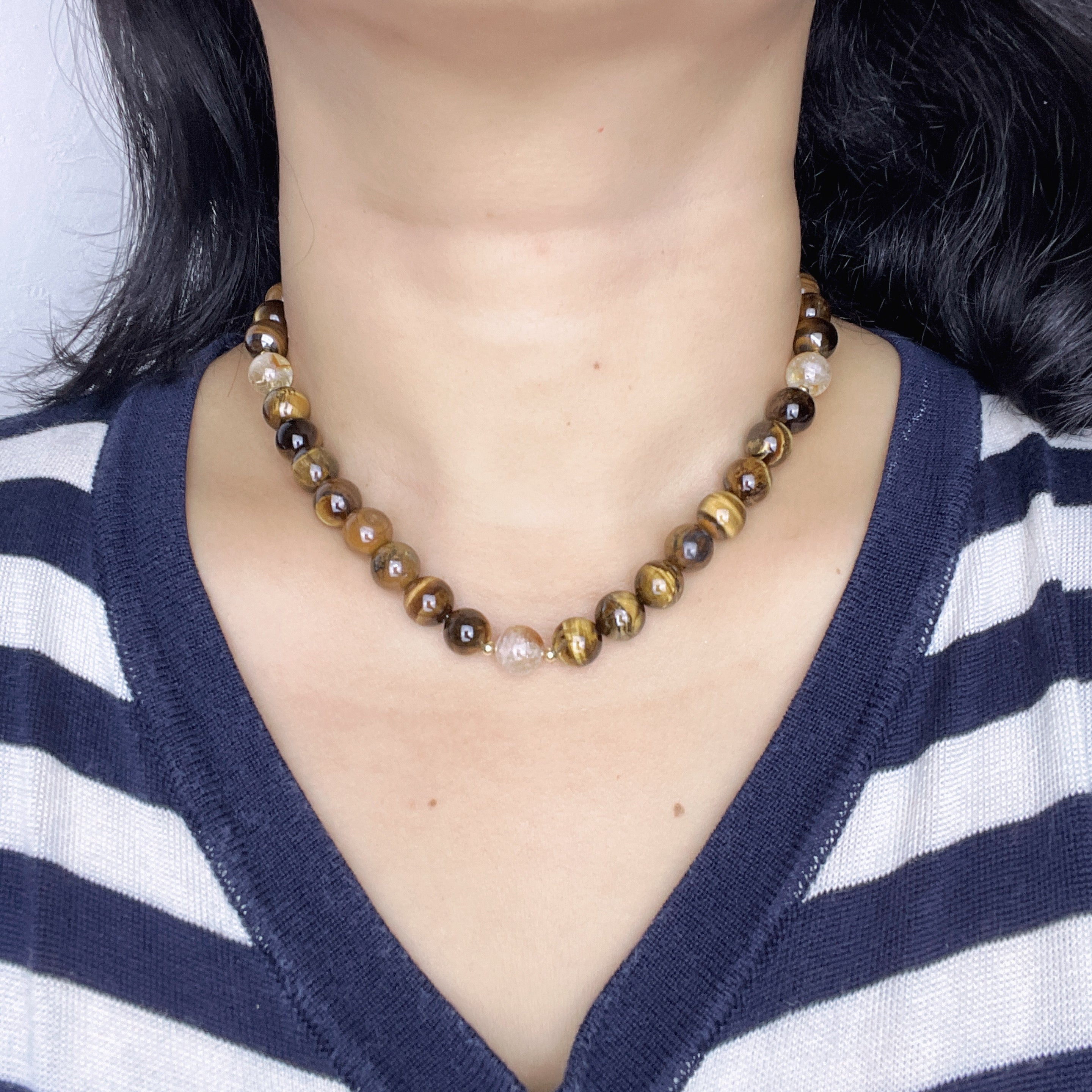 Handmade Tiger Eye Stone & Freshwater Pearl Beaded Necklace | Gold Brown Natural Stone Silver Spacer