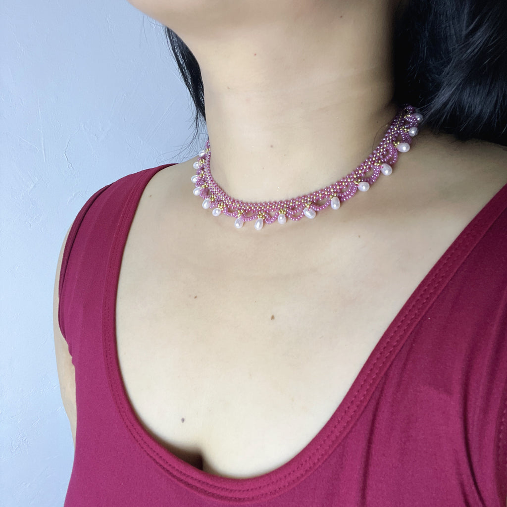 Handmade Rose Pink & Gold Wave Lace Beaded Choker Necklace | Freshwater Pearl Drop Fringe Romantic Collar