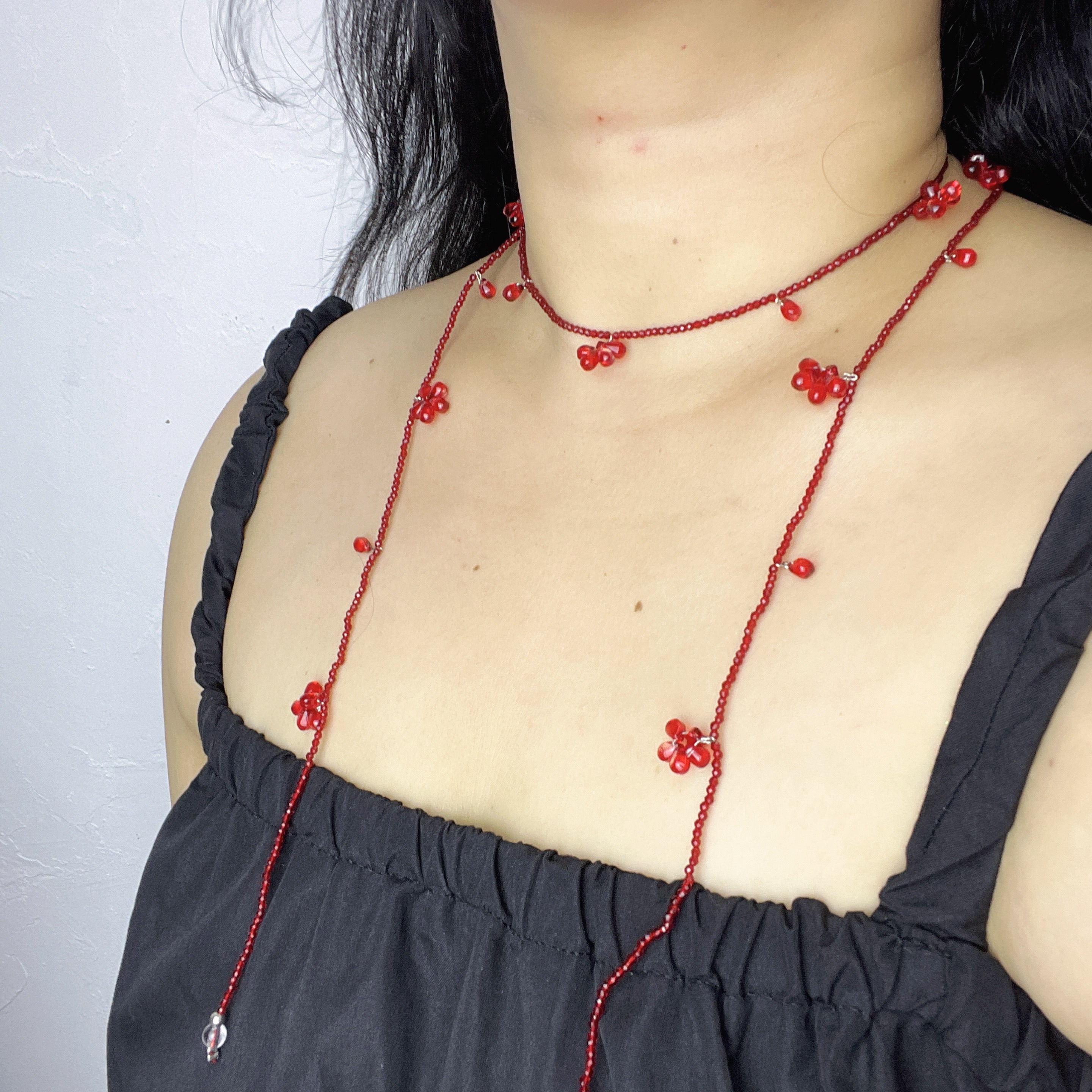 Handmade Deep Red Seed Bead Long Wrap Necklace | Scattered Flower Bead Crystal Drop Lariat Boho Statement
