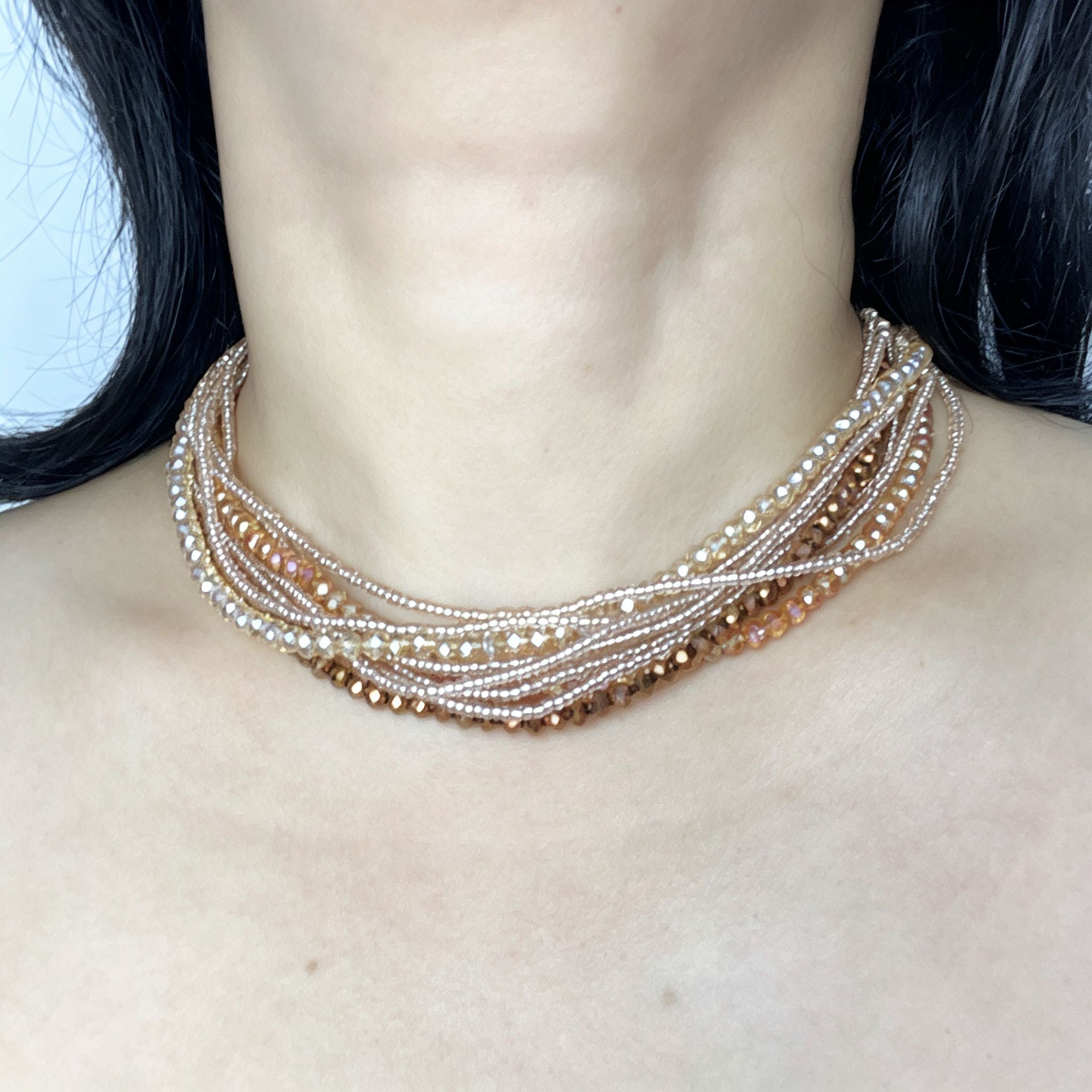 Handmade Multi-Strand Gold Crystal Twisted Choker Necklace | Champagne Layered Statement Collar