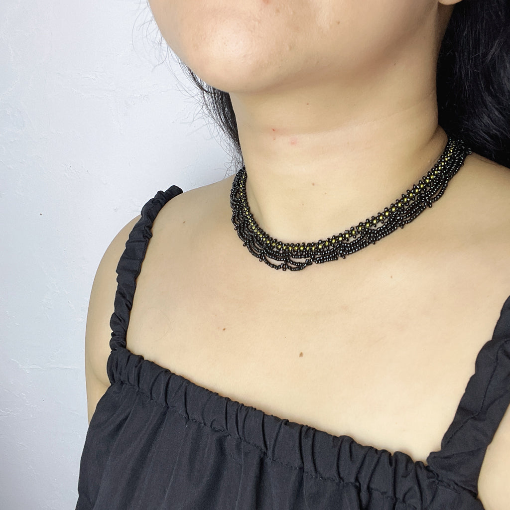 Handmade Black & Olive Green Multi-Strand Drape Wave Beaded Choker Necklace | Gothic Vintage Luxe Statement Collar