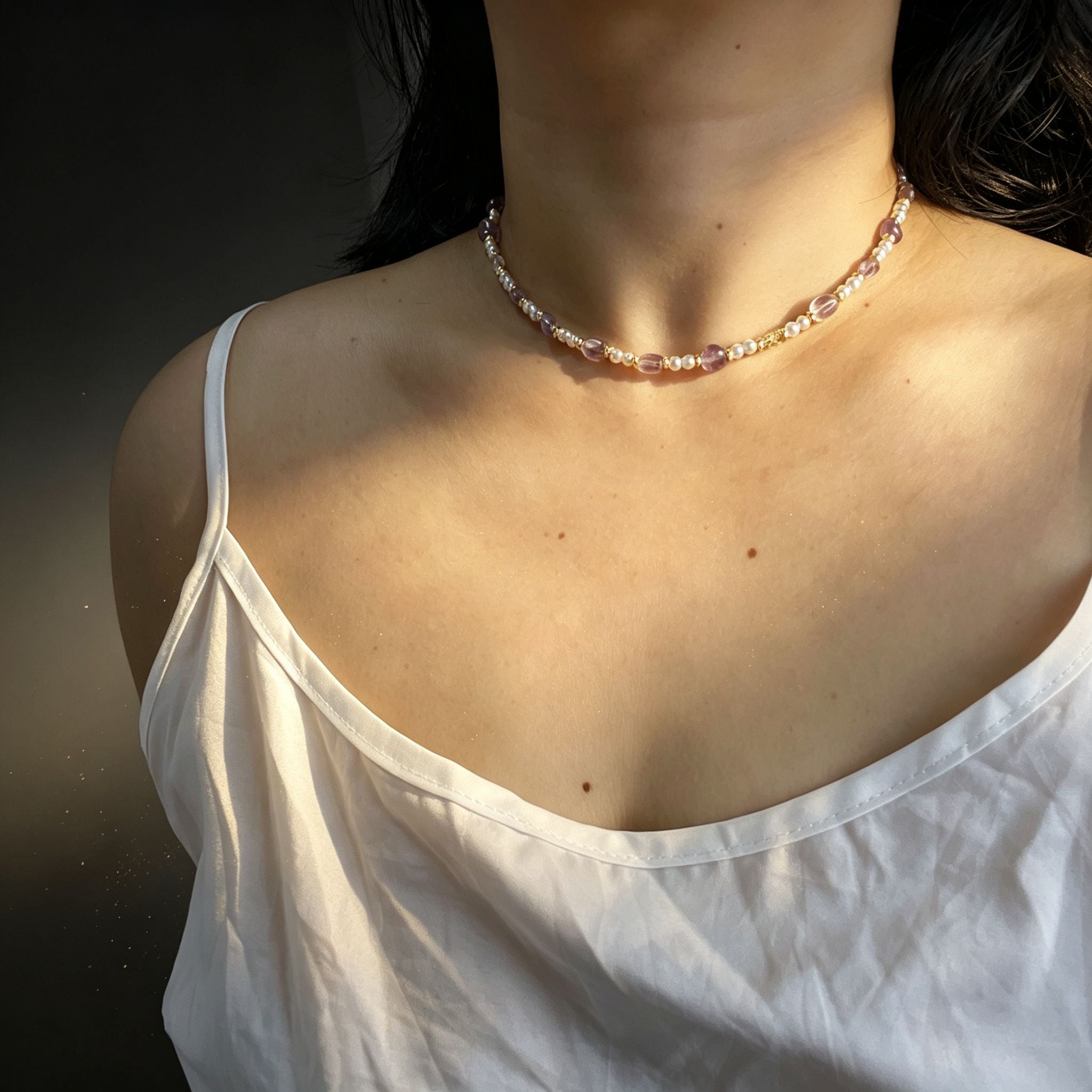 Handmade Amethyst Tumbled Stone & Pearl Choker Necklace | Gold Spacer Natural Stone Jewelry