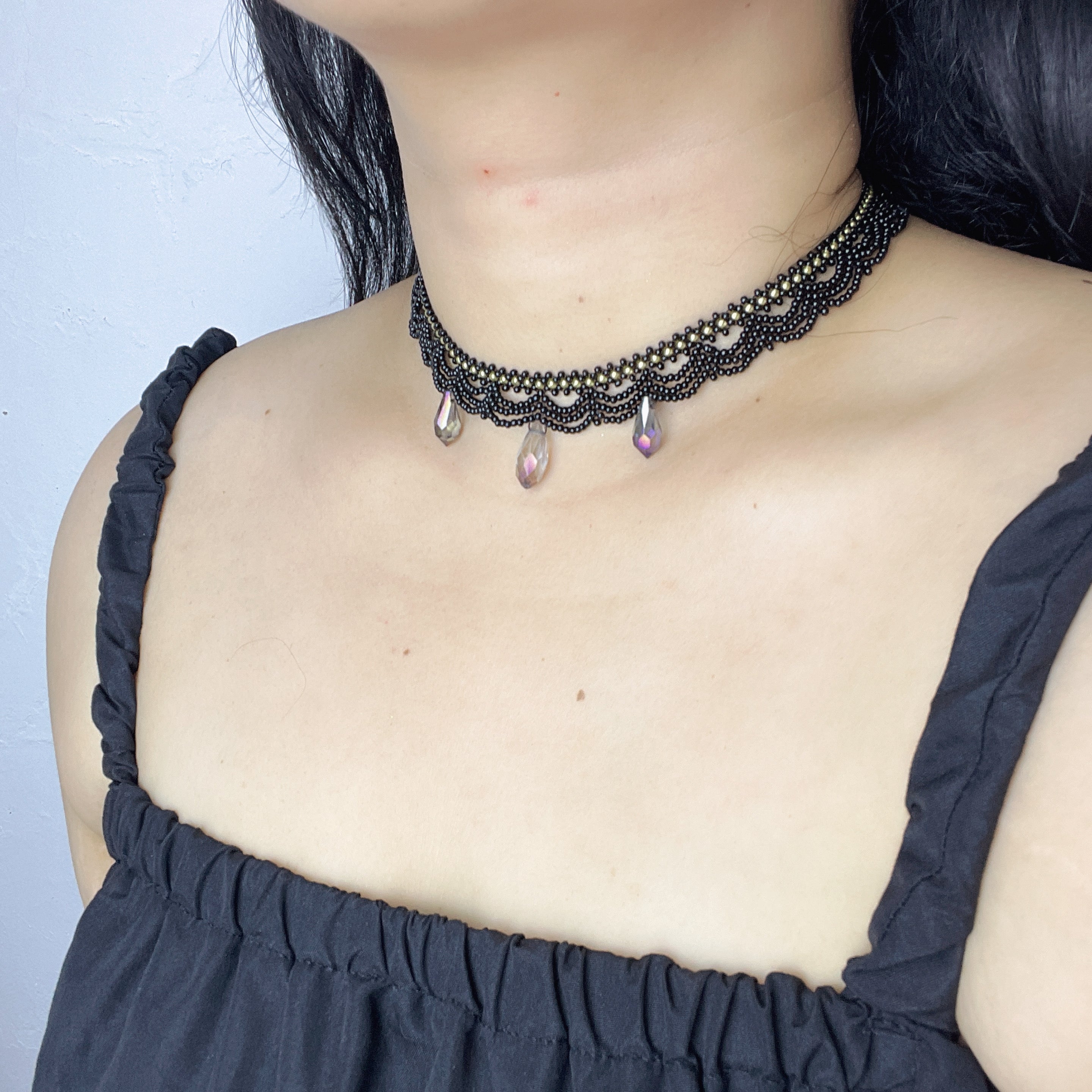 Handmade Black Multi-Layer Wave Lace Beaded Choker Necklace | AB Crystal Teardrop Drop Gothic Fairycore Collar