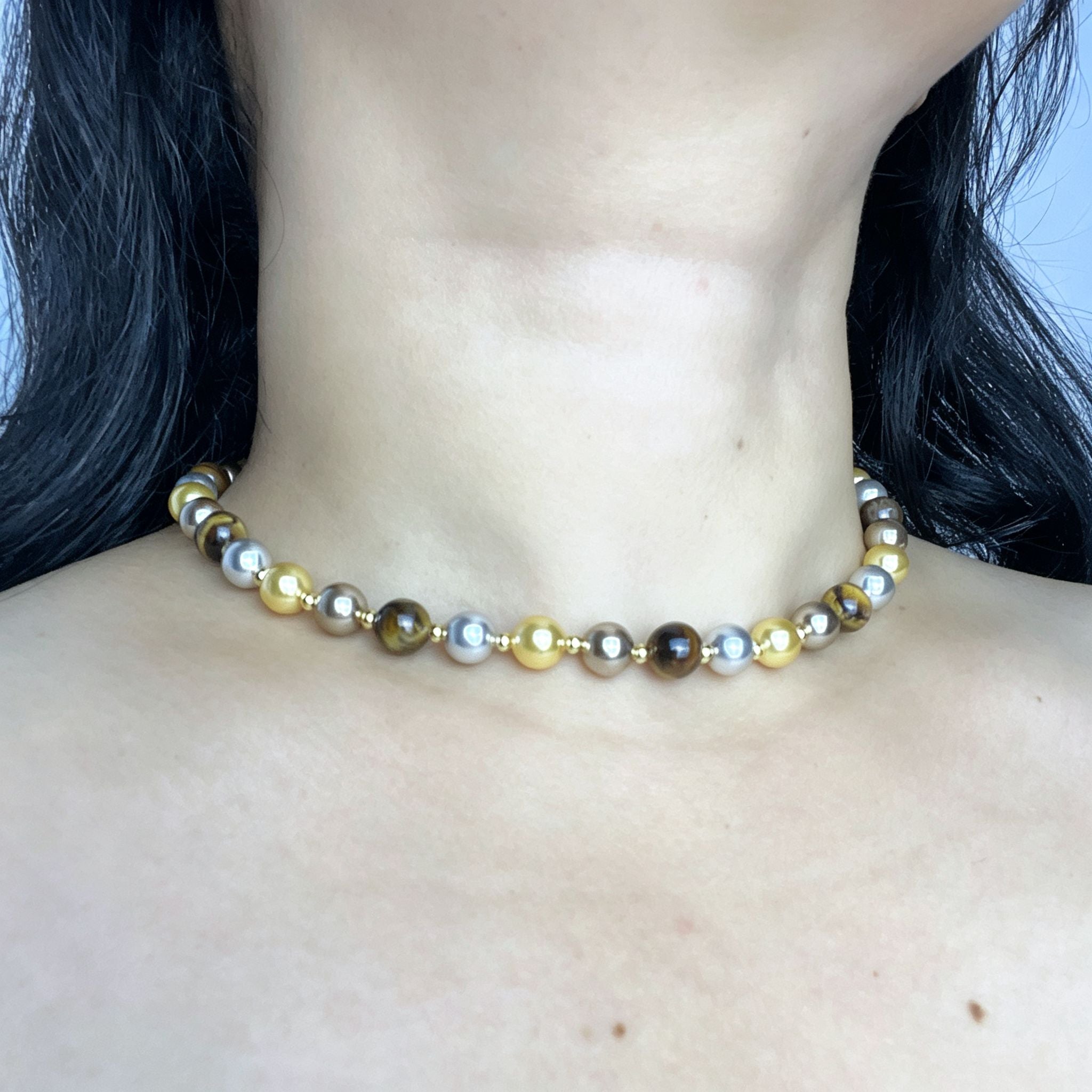 Handmade Gold Silver & Bronze Mixed Metallic Pearl Choker Necklace | Multi-Tone Luxe Beaded Collar