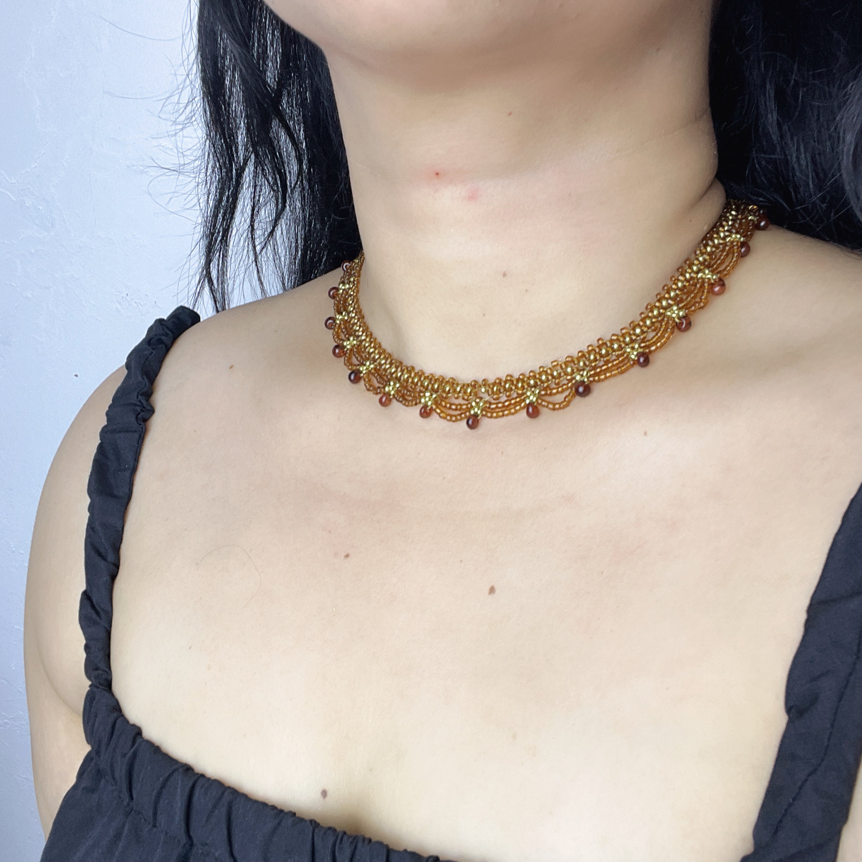 Handmade Gold & Brown Multi-Layer Wave Lace Beaded Choker Necklace | Brown Bead Drop Fringe Vintage Luxe Collar