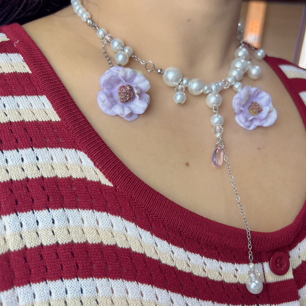 Handmade Lavender Flower Pearl Chain Necklace | Y2K Floral Drop Pendant