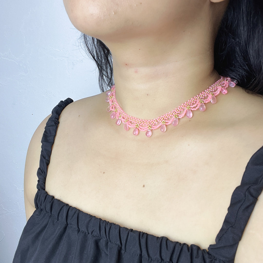 Handmade Pink & Gold Wave Lace Beaded Choker Necklace | Pink Crystal Teardrop Drop Fringe Y2K Princess Collar