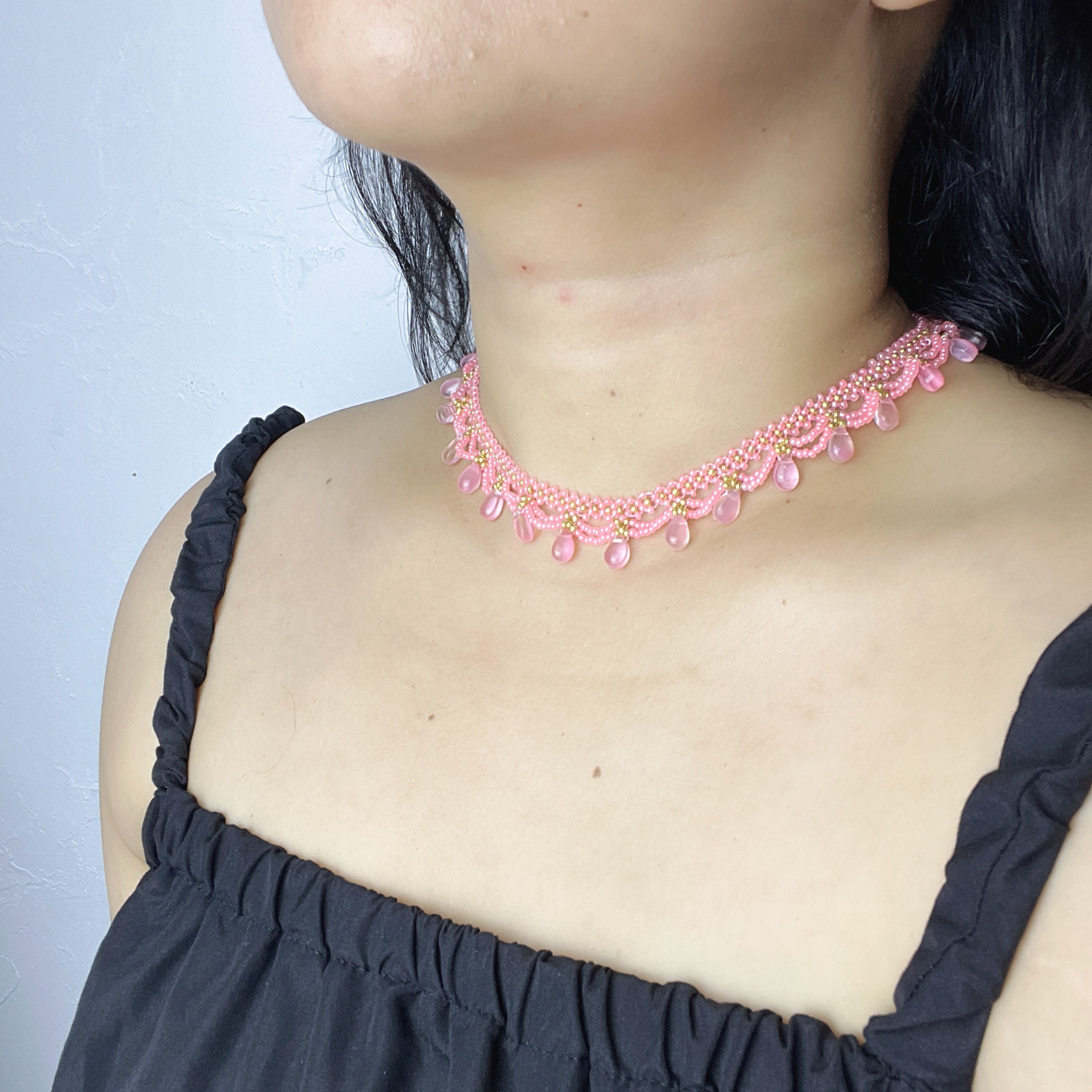 Handmade Pink & Gold Wave Lace Beaded Choker Necklace | Pink Crystal Teardrop Drop Fringe Y2K Princess Collar
