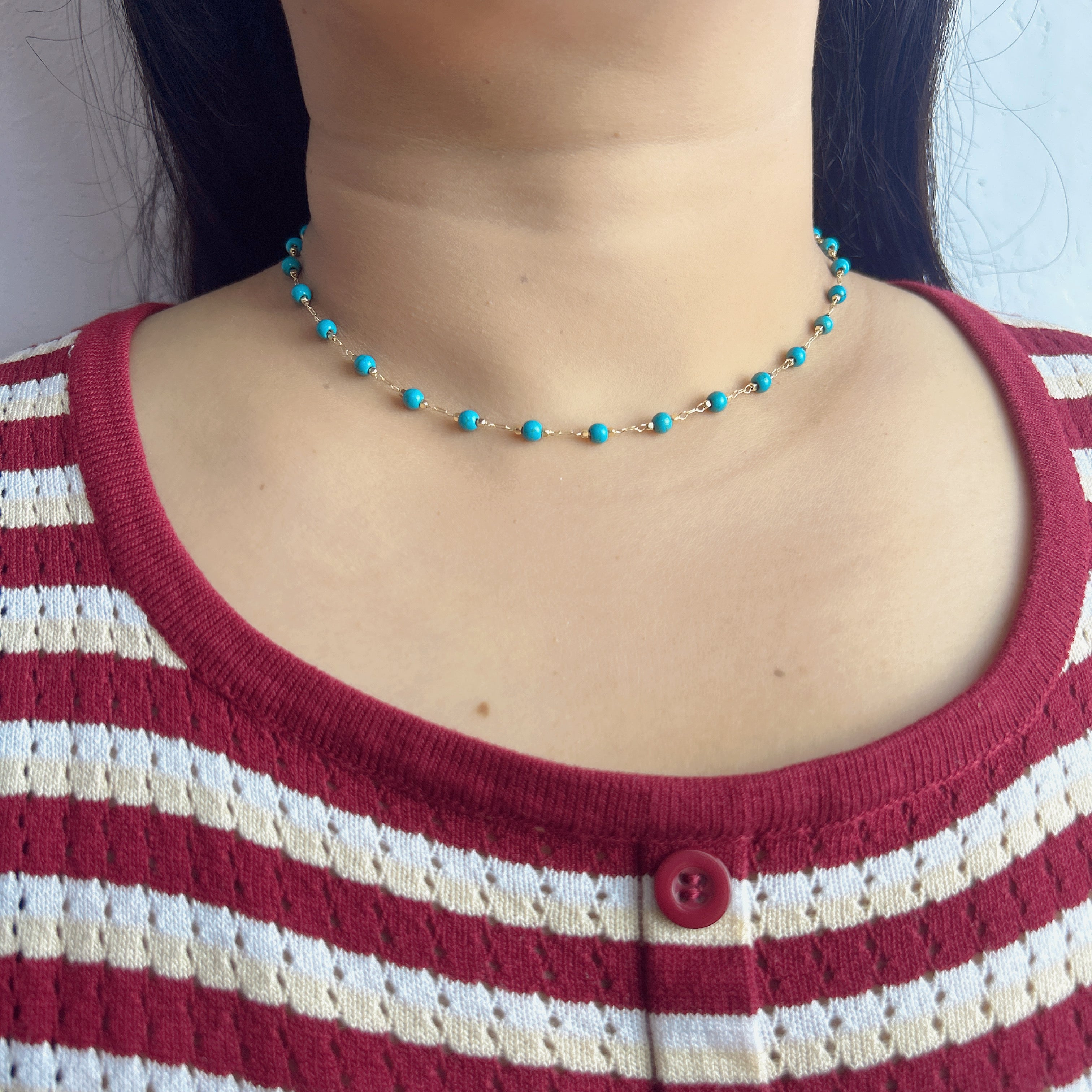 Handmade Turquoise Bead Gold Chain Choker Necklace | Minimalist Boho Jewelry