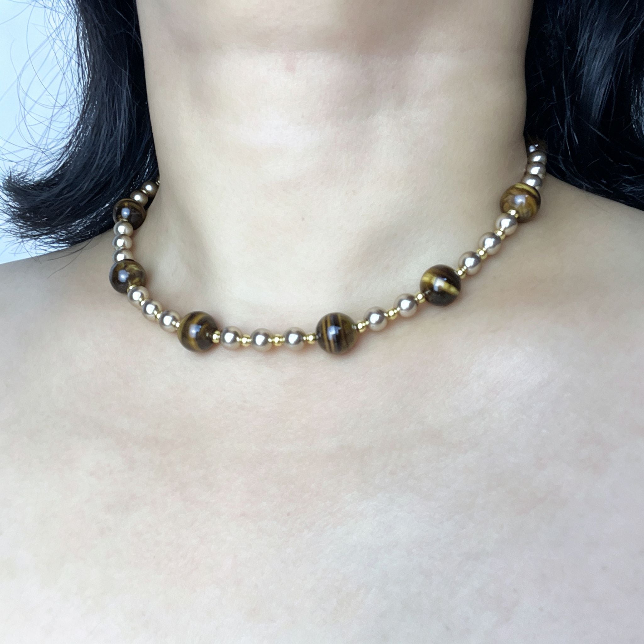 Handmade Tiger Eye & Metal Bead Choker Necklace | Natural Stone Silver Gold Spacer