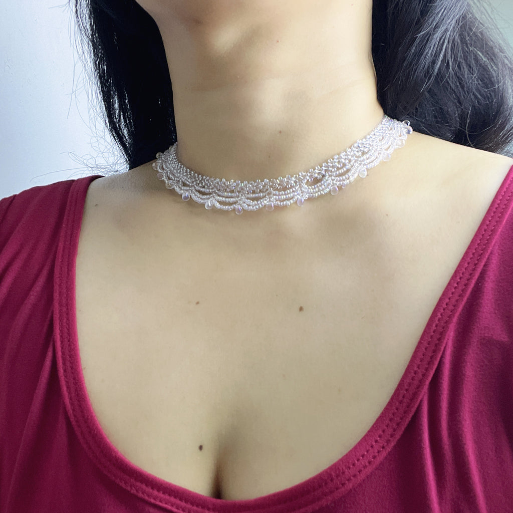 Handmade All White Multi-Layer Scallop Wave Lace Beaded Choker Necklace | Bridal Wedding Fairycore Collar