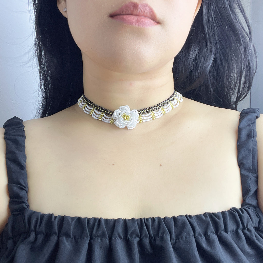 Handmade Black & White Wave Lace Beaded Choker Necklace | 3D White Rose Center Yellow-Green Stamen Cottagecore