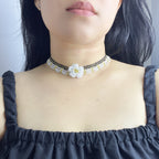 Handmade Black & White Wave Lace Beaded Choker Necklace | 3D White Rose Center Yellow-Green Stamen Cottagecore