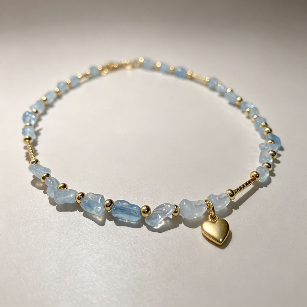 Handmade Aquamarine Chip Stone Choker Necklace | Gold Round & Tube Spacer Heart Charm Extender