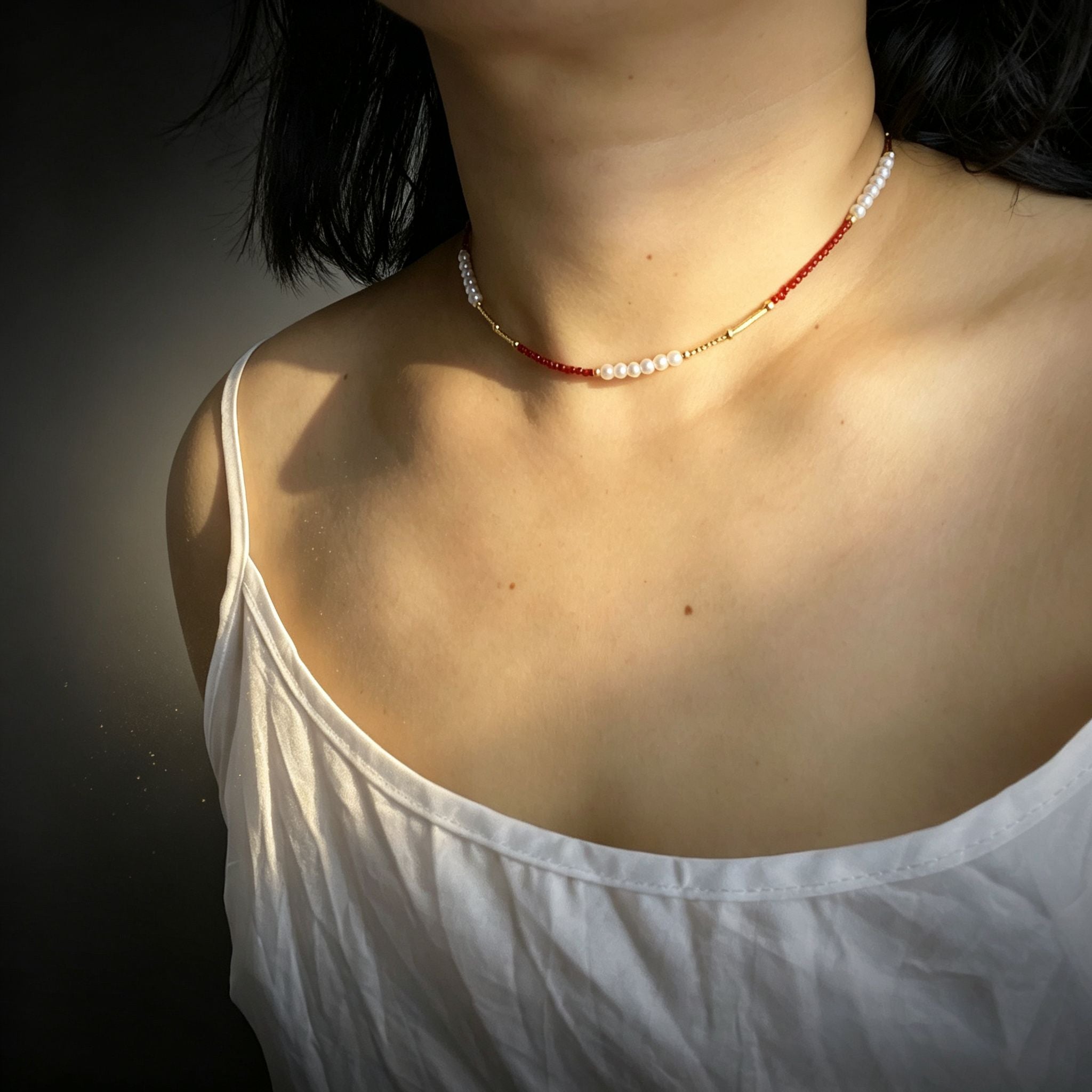 Handmade Red Crystal & Pearl Choker Necklace | Gold Tube Spacer Heart Charm Extender