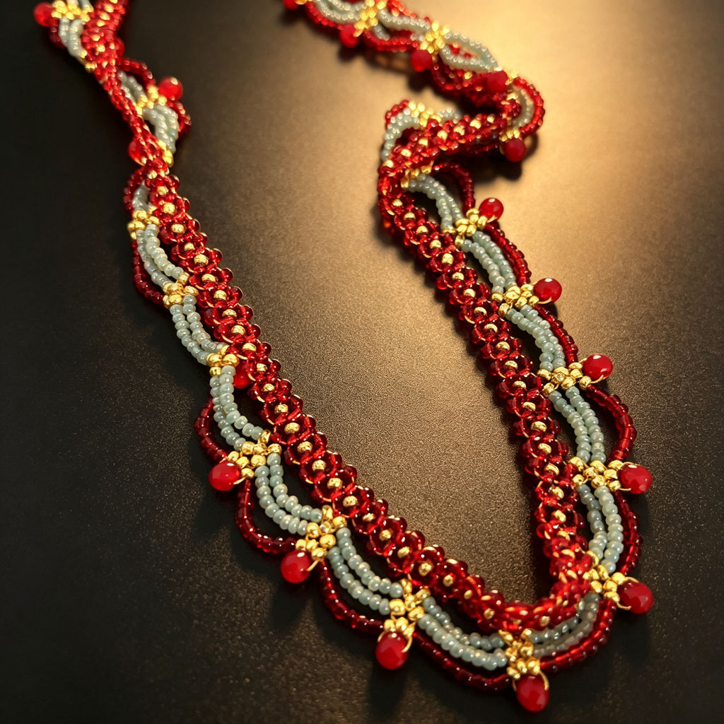 Handmade Red Silver & Gold Double Scallop Beaded Choker Necklace | Luxe Wide Collar Statement