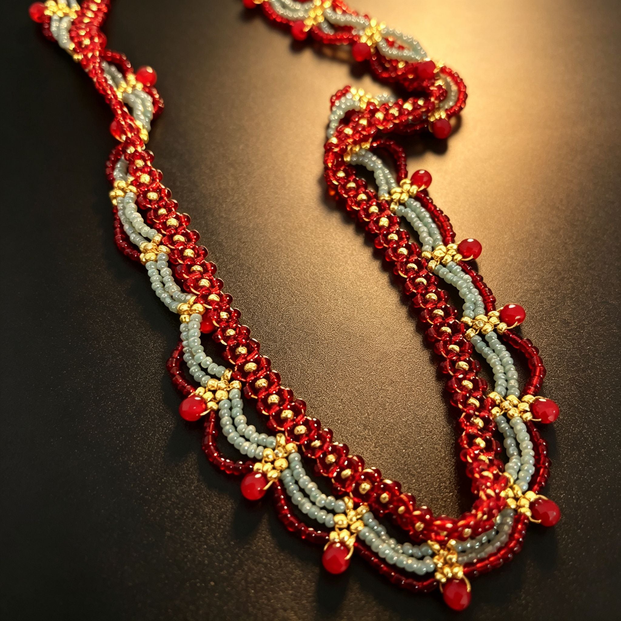 Handmade Red Silver & Gold Double Scallop Beaded Choker Necklace | Luxe Wide Collar Statement
