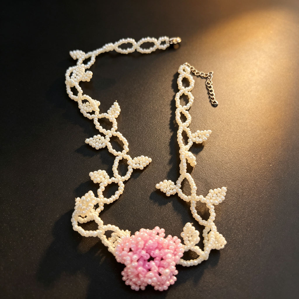 Handmade White Vine & Leaf Beaded Choker Necklace | 3D Pink Hydrangea Rose Center Fairycore Bridal Collar