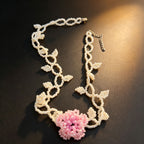 Handmade White Vine & Leaf Beaded Choker Necklace | 3D Pink Hydrangea Rose Center Fairycore Bridal Collar